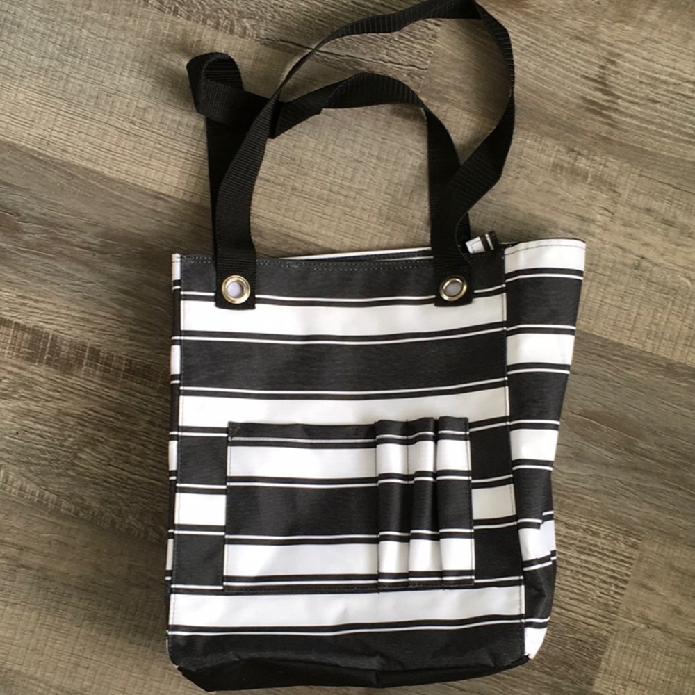Thirty-One Black and White Striped Canvas Tote